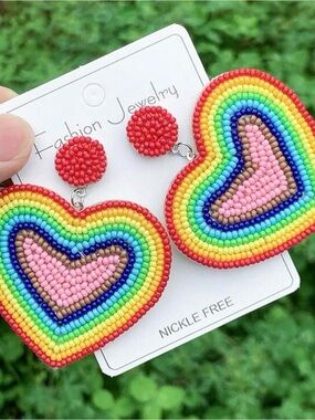 Rainbow Heart Beaded Earrings - Multicolor